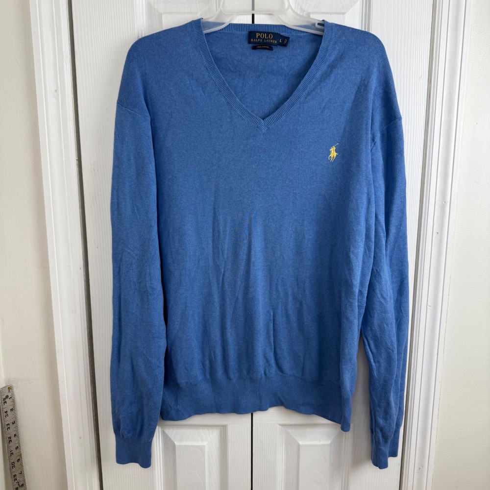Polo Ralph Lauren Pima Cotton V Neck Sweater Mens‎ L Blue Preppy Classic
